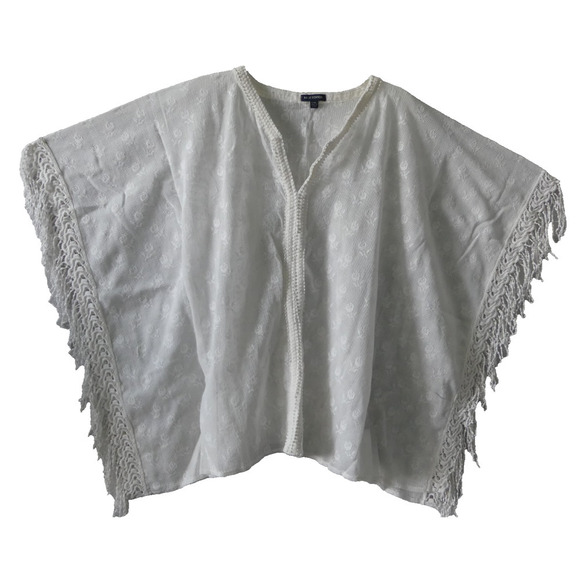 Max Edition Floral Lace Kaftan Shirt Women L/XL Batwing Sleeve Sheer Fringe Trim - Picture 2 of 13